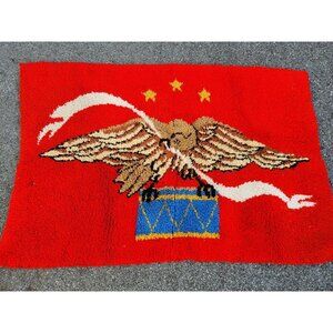 1970s AMERICAN EAGLE Blue Drum Latch Hook Tapestry Rug 4th July America 56"× 36"